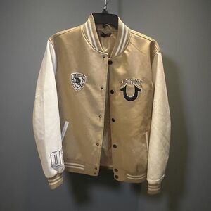 True Religion Beige and Cream Varsity Jacket